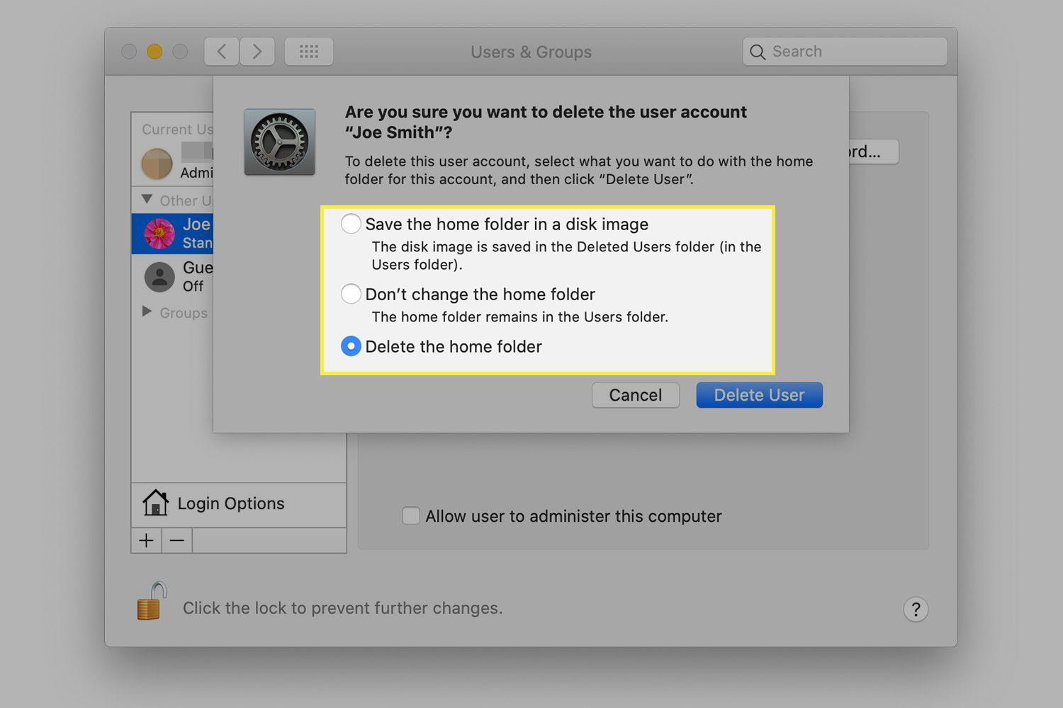 Snímek obrazovky okna Potvrzení odstranění uživatele v systému macOS se zvýrazněnými možnostmi