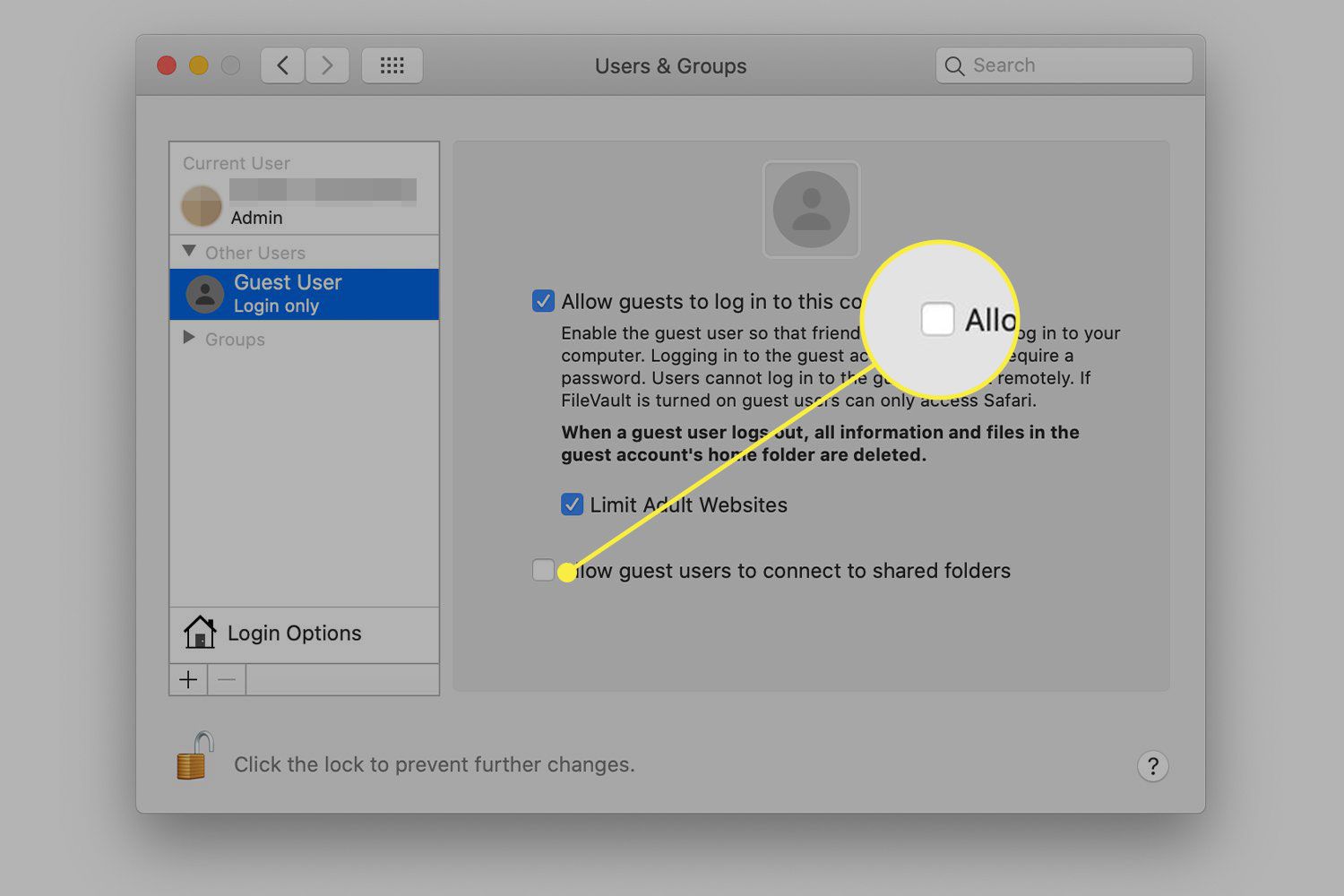 Snímek obrazovky obrazovky Uživatelé a skupiny systému macOS s příponou "Povolit uživatelům typu Host se připojit ke sdíleným složkám" zvýrazněná možnost