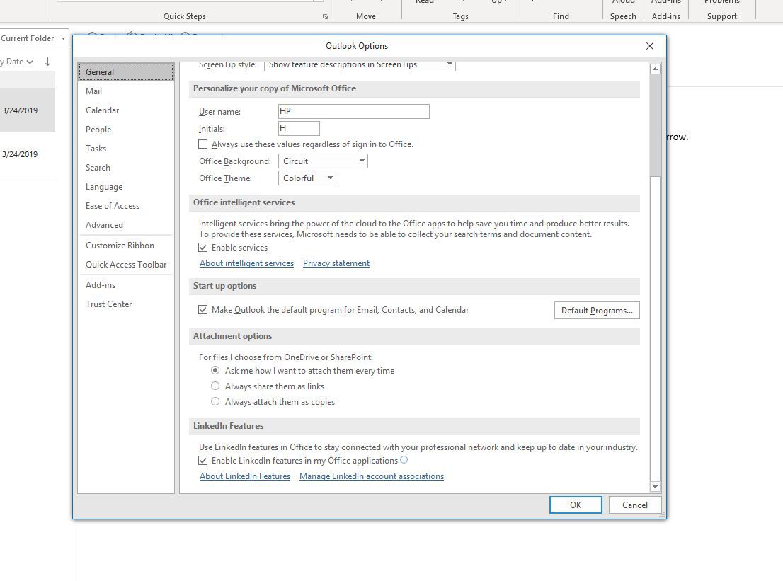 Snímek obrazovky zobrazující možnosti spuštění v aplikaci Outlook