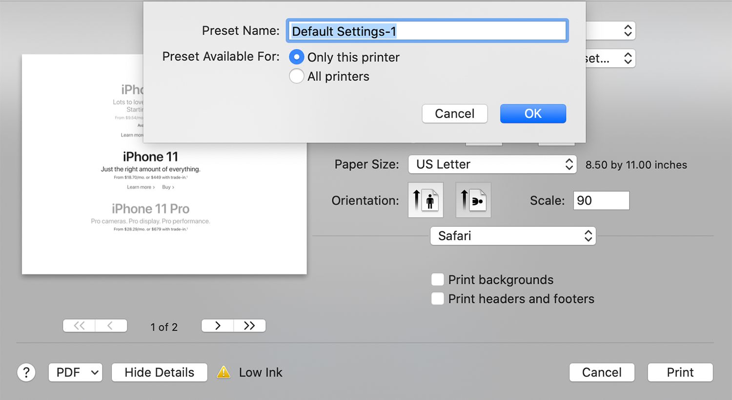Pojmenovací obrazovka pro tiskárnu přednastavená na Macu