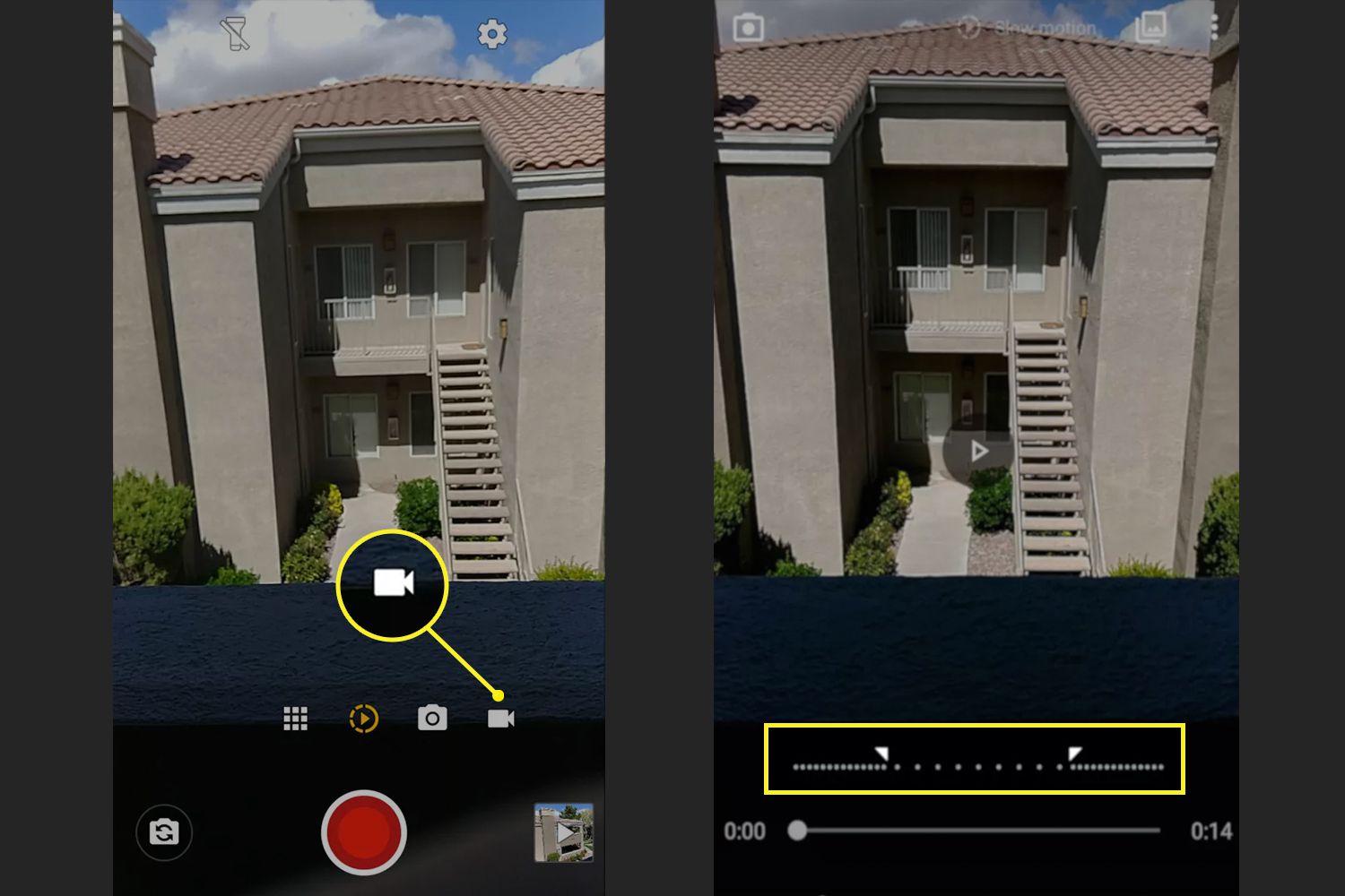 Aplikace Moto Camera se zvýrazněnou videokamerou a zpomalenou časovou osou
