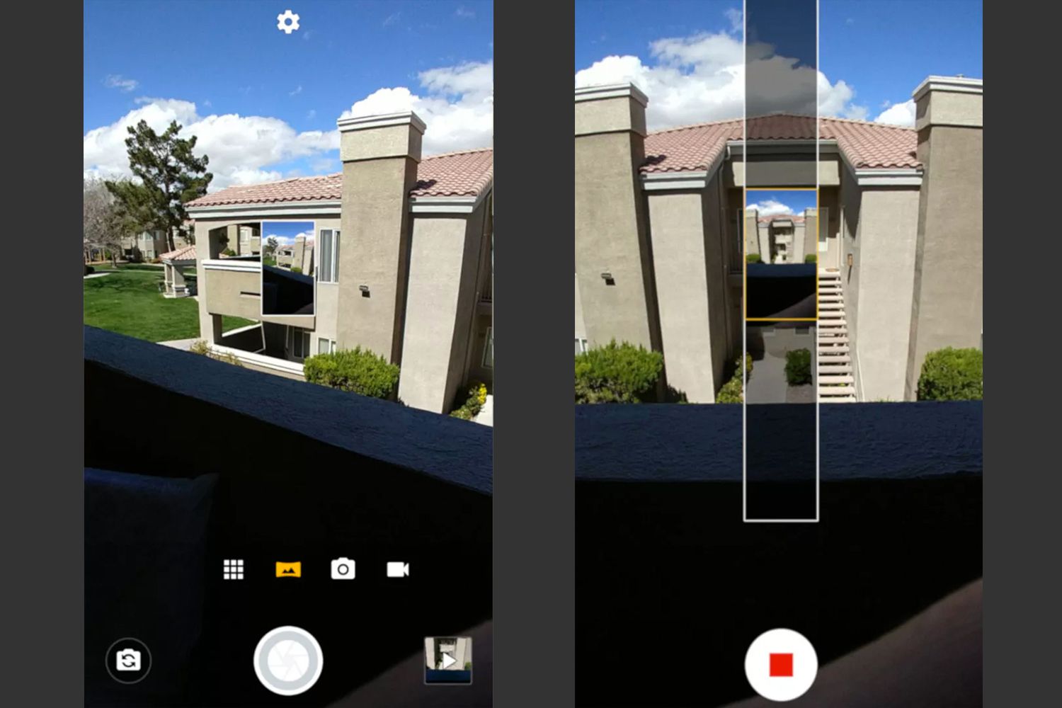 Aplikace Moto Camera zobrazující režim panorama 