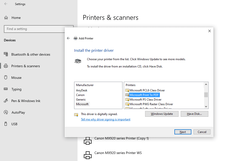 Screenshot možnosti tisku do pdf při instalaci tiskáren ve Windows 10