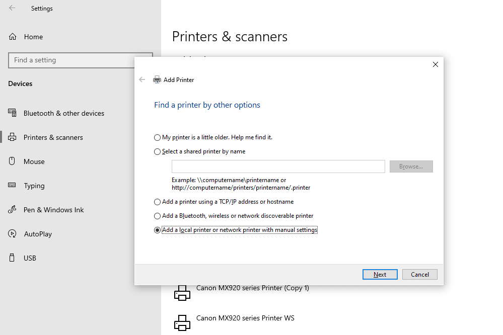 Snímek obrazovky s dialogovým oknem pro přidání tiskárny v systému Windows 10