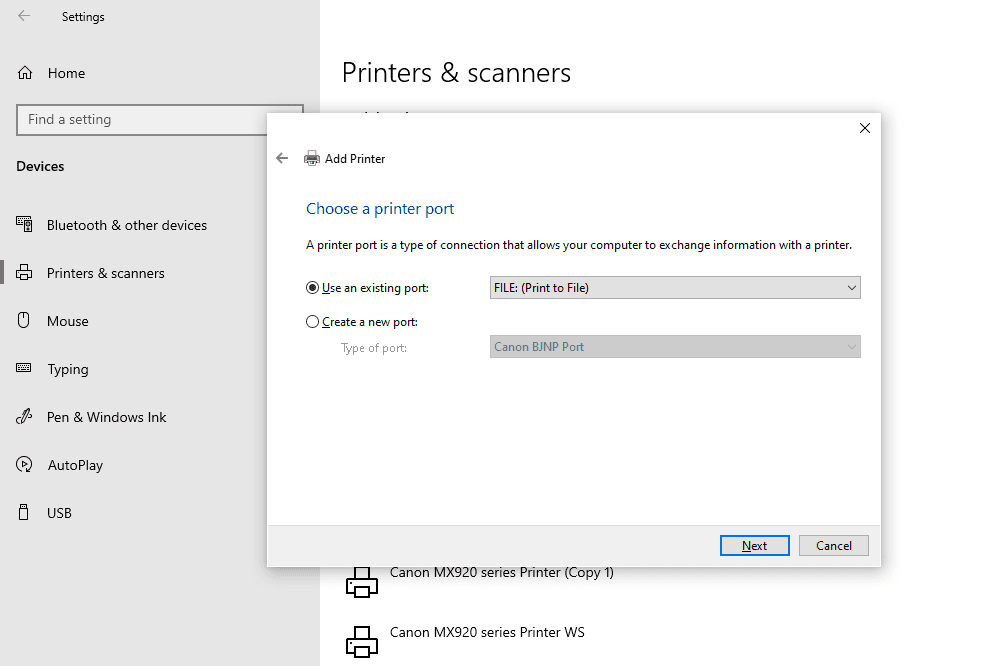 Snímek obrazovky s možnostmi portu tiskárny v systému Windows 10