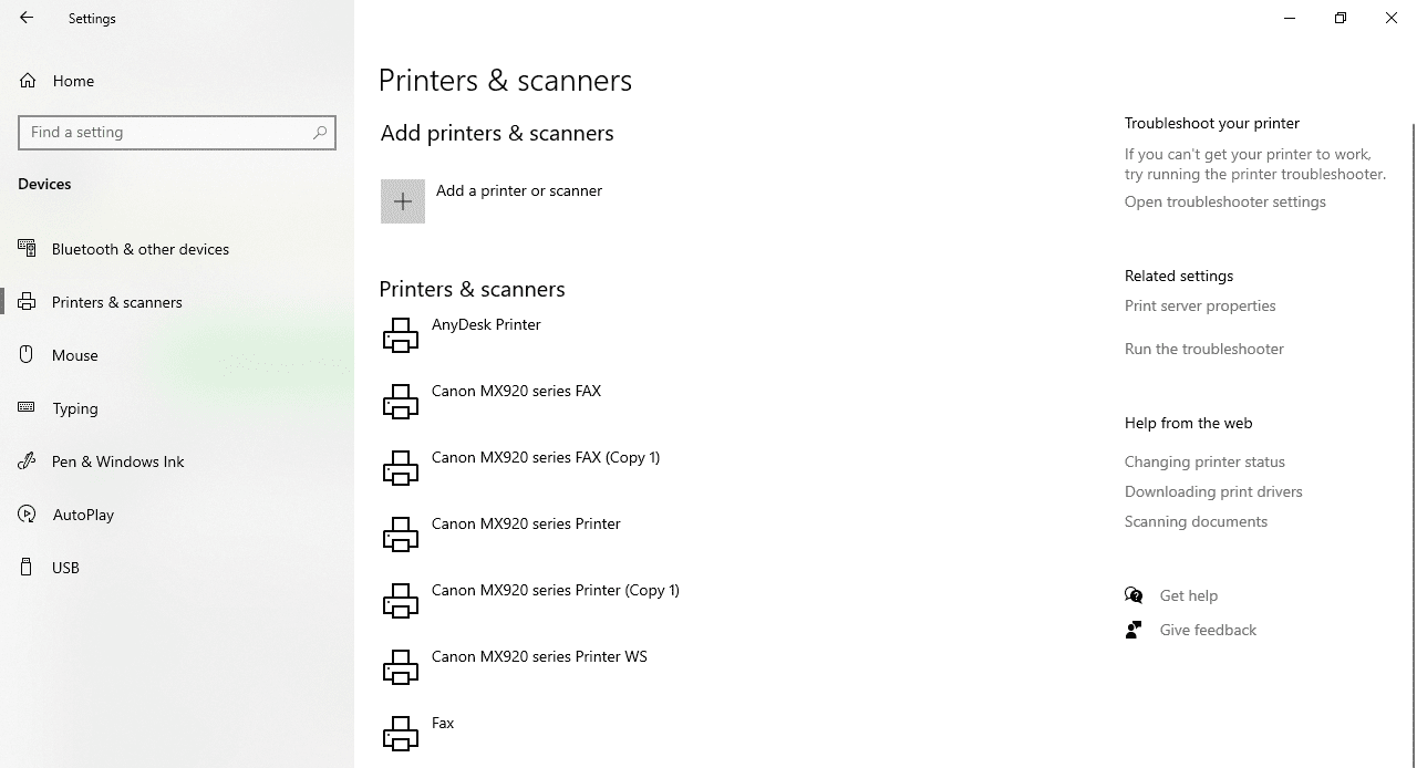 Snímek obrazovky s možností přidání tiskárny nebo skeneru v nastavení systému Windows 10