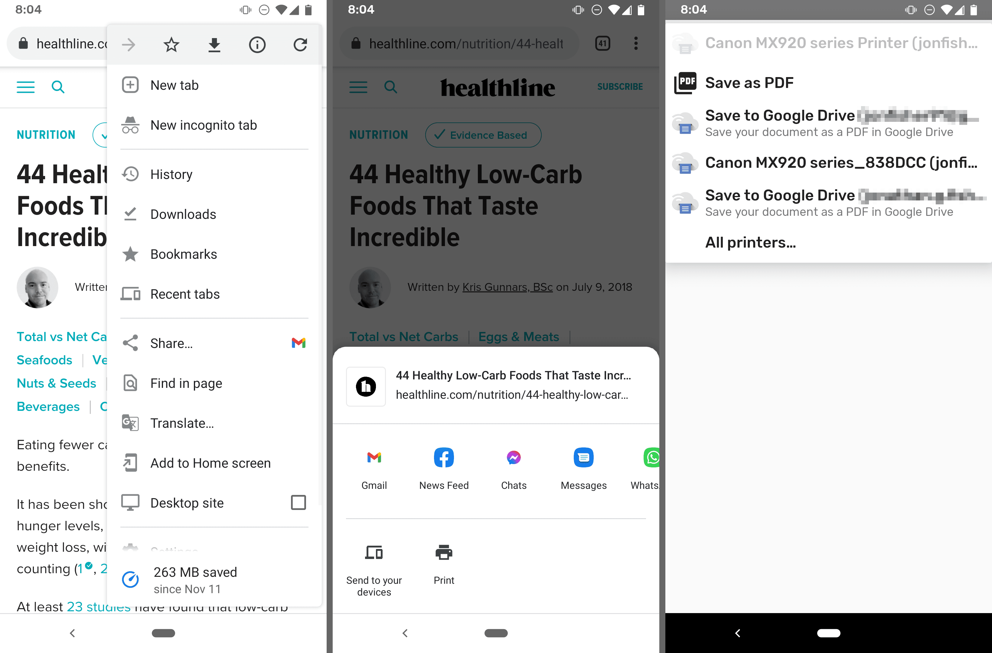 Snímky obrazovky s možností Uložit jako PDF v prohlížeči Chrome pro Android
