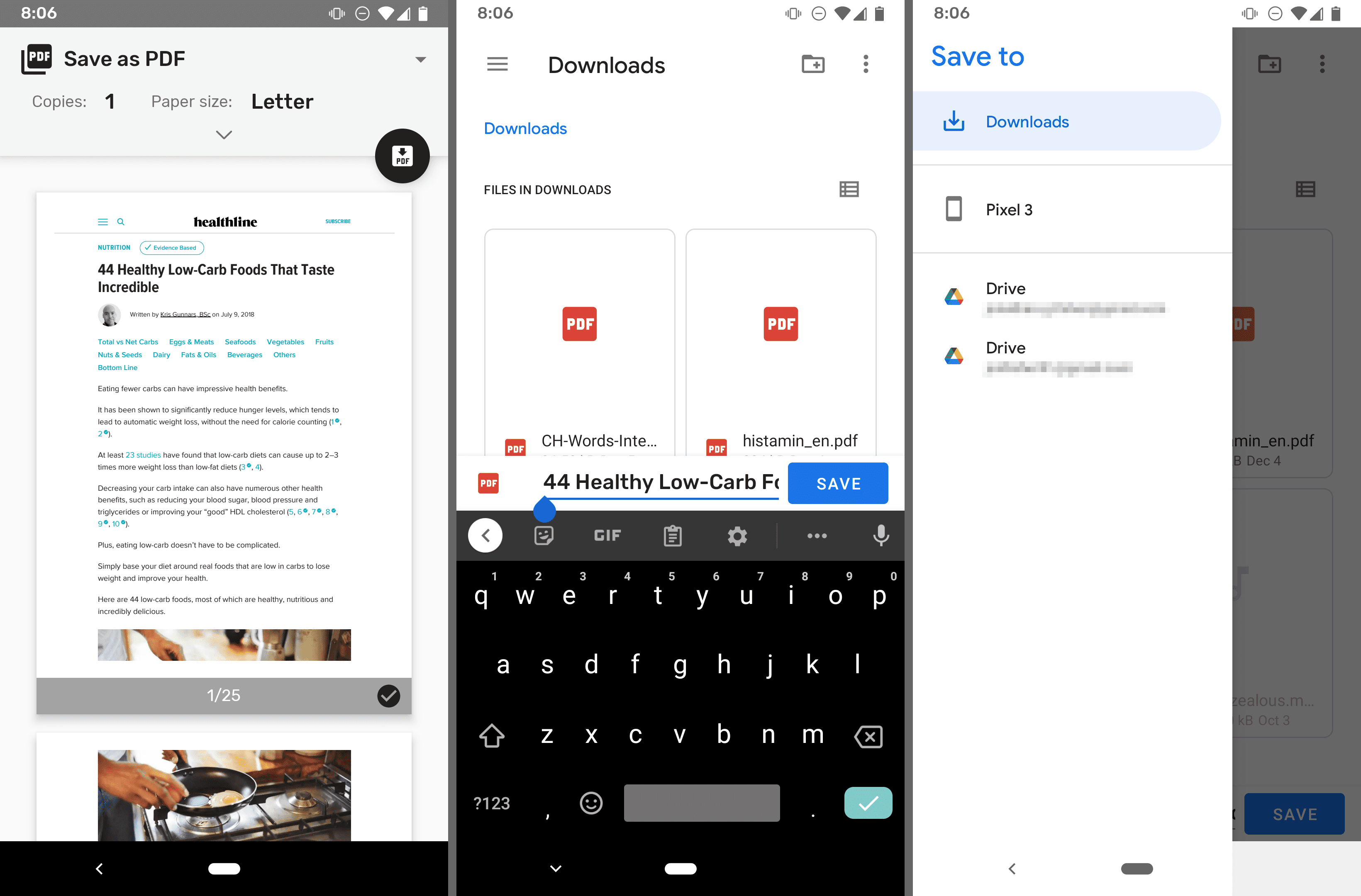 Snímky obrazovky prohlížeče Chrome pro Android s uložením souboru PDF