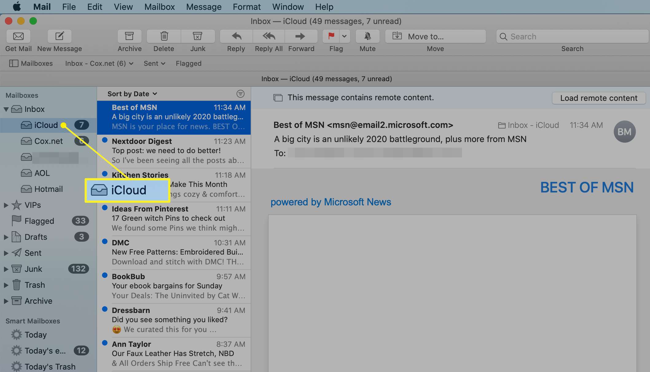 poštovní schránka iCloud vybraná na panelu Poštovní schránka Mac Mail