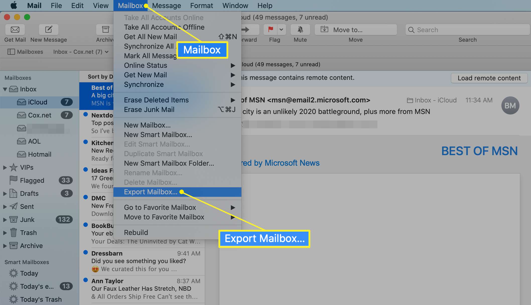 Nabídka Mailbox se zvýrazněnou Export Mailbox v Mac Mail