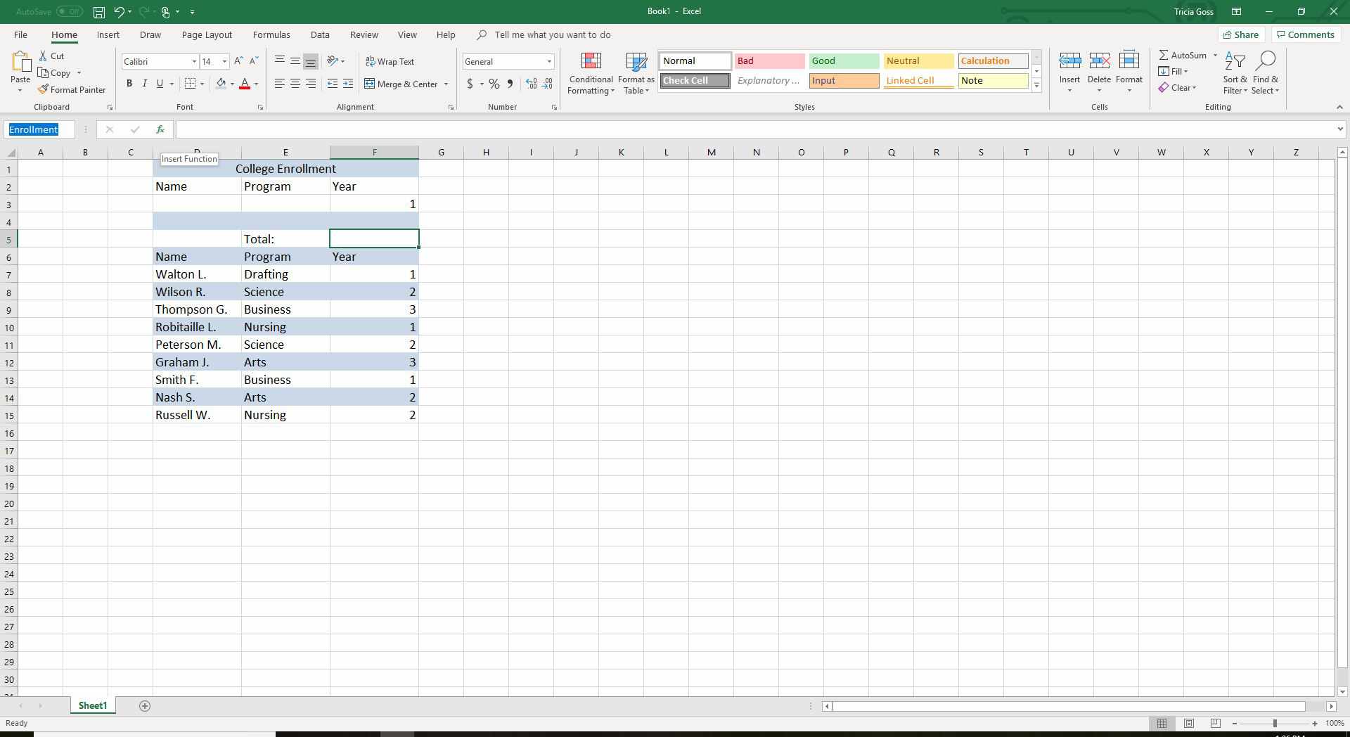 Vložte funkci do Excelu