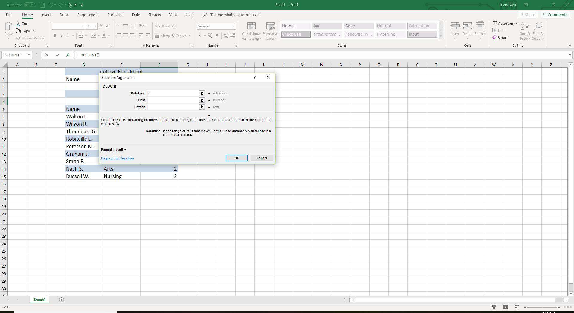 Dialogové okno funkce DCOUNT v aplikaci Excel