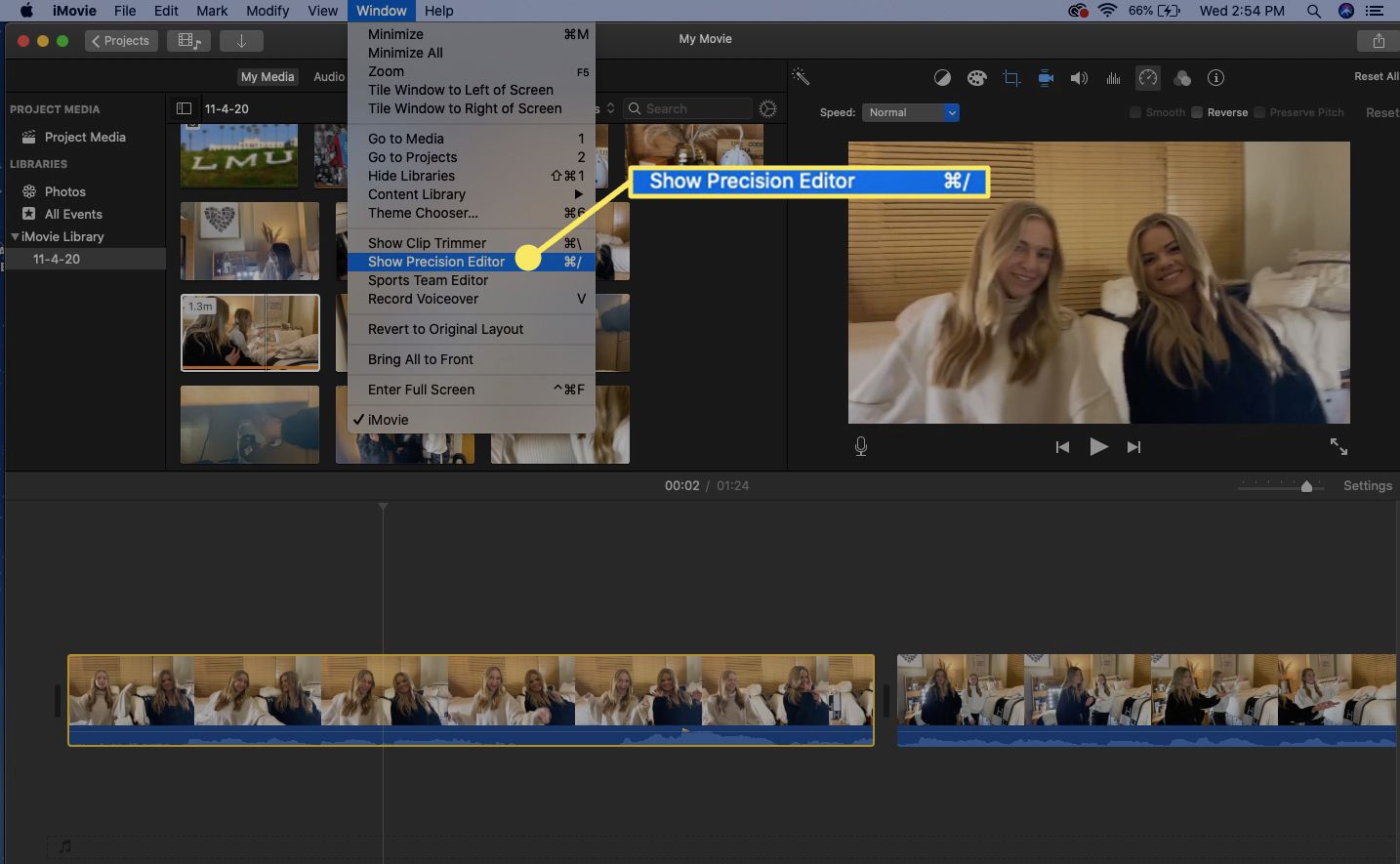 Otevřete iMovie Precision Editor z nabídky Okno.