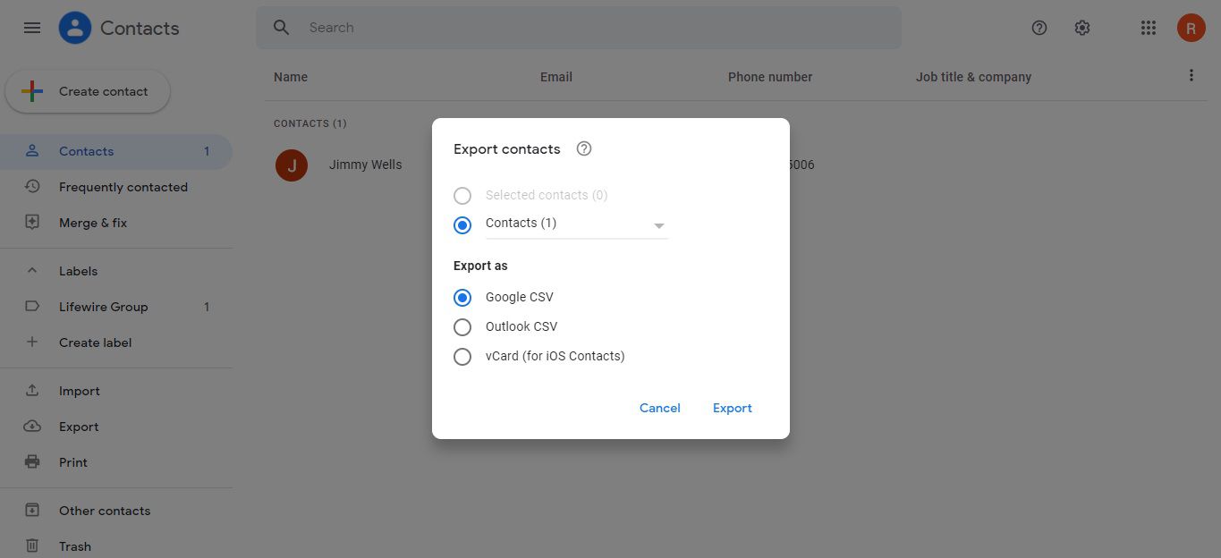 Možnosti formátování v části Export kontaktů v Gmailu
