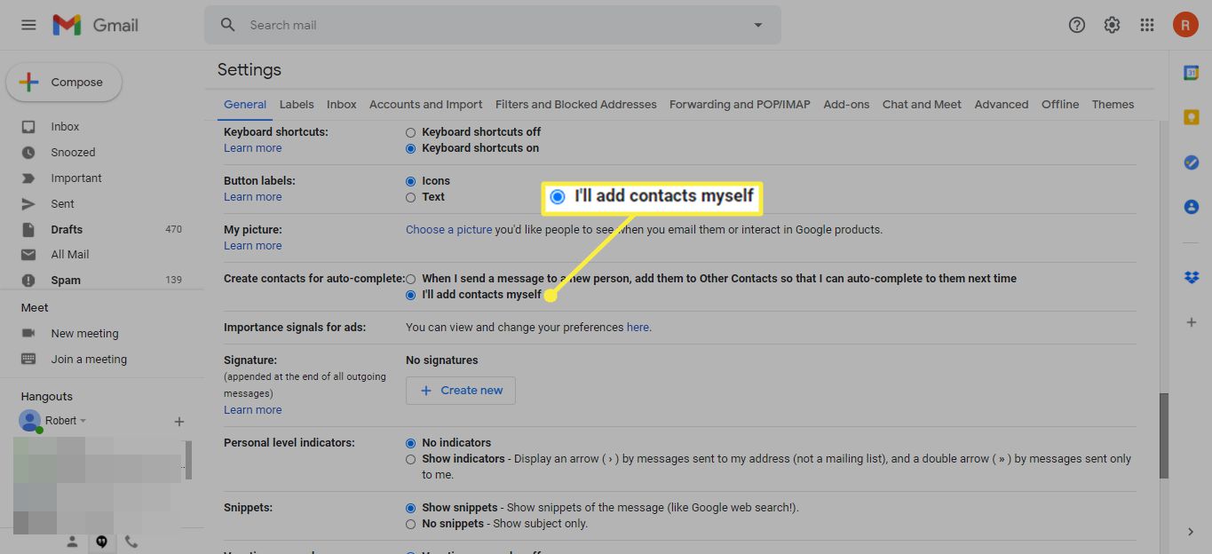 Kontakty přidám sám v Nastavení Gmailu