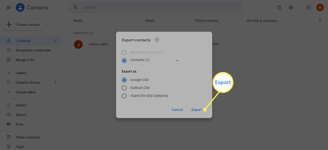 Exportujte pod Export kontaktů v Gmailu