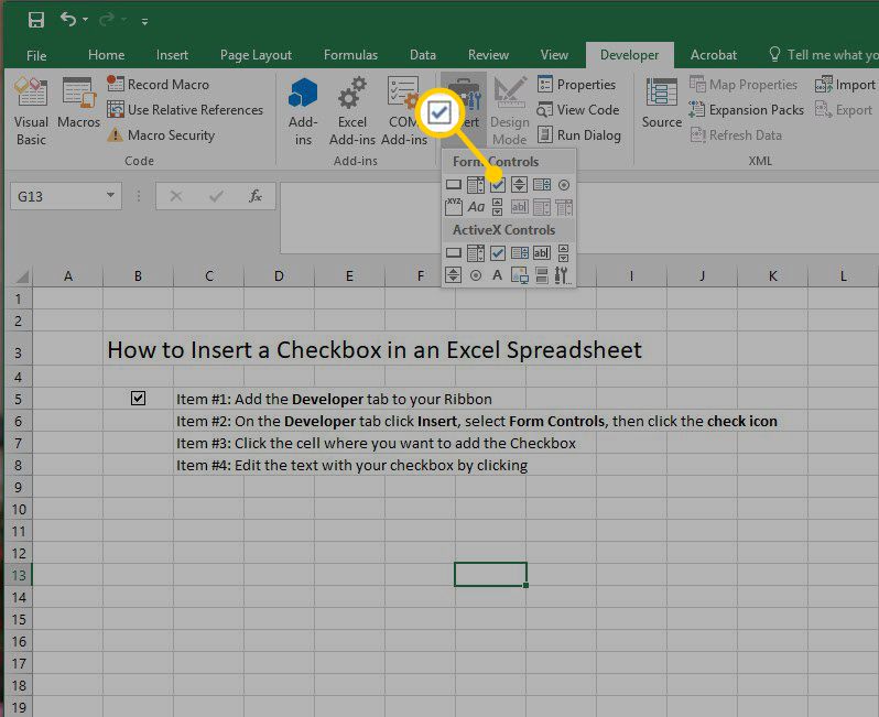Ovládací prvky formuláře používané k vložení zaškrtávacího políčka v aplikaci Excel