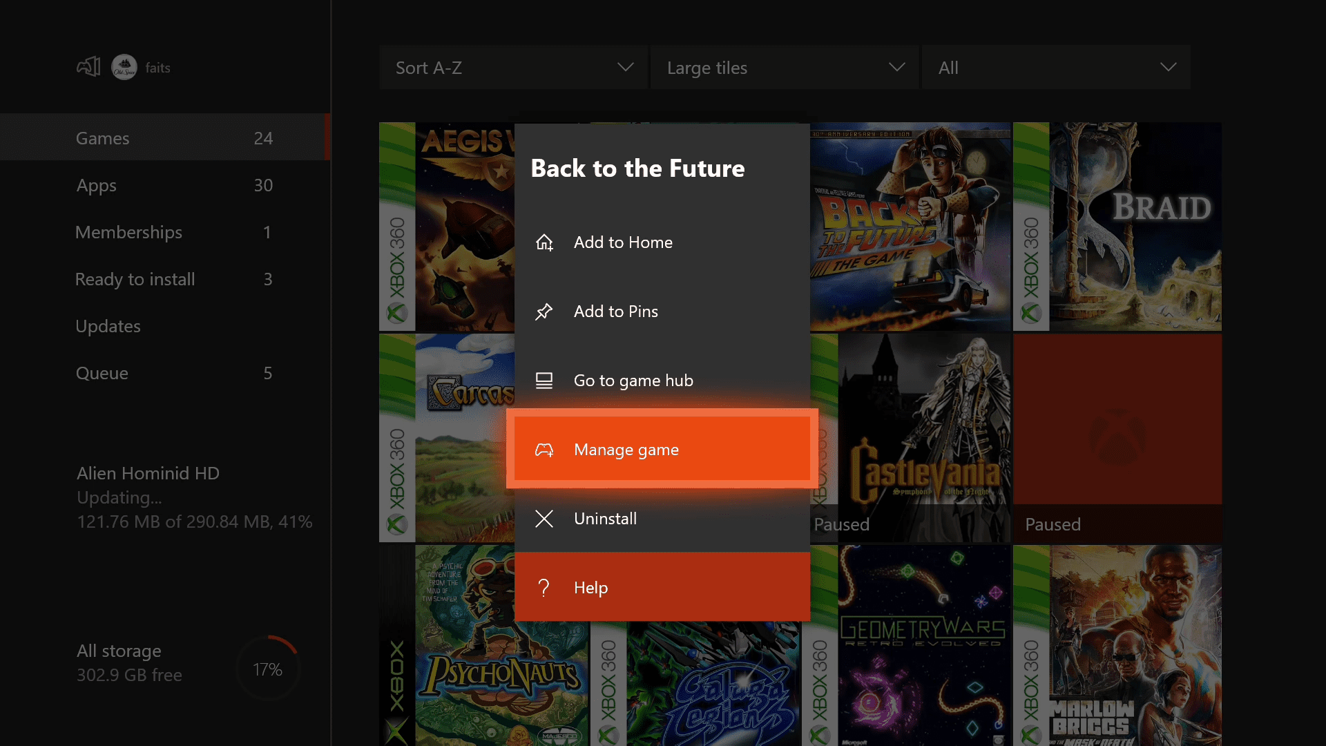 Nabídka možností hry pro Xbox One.