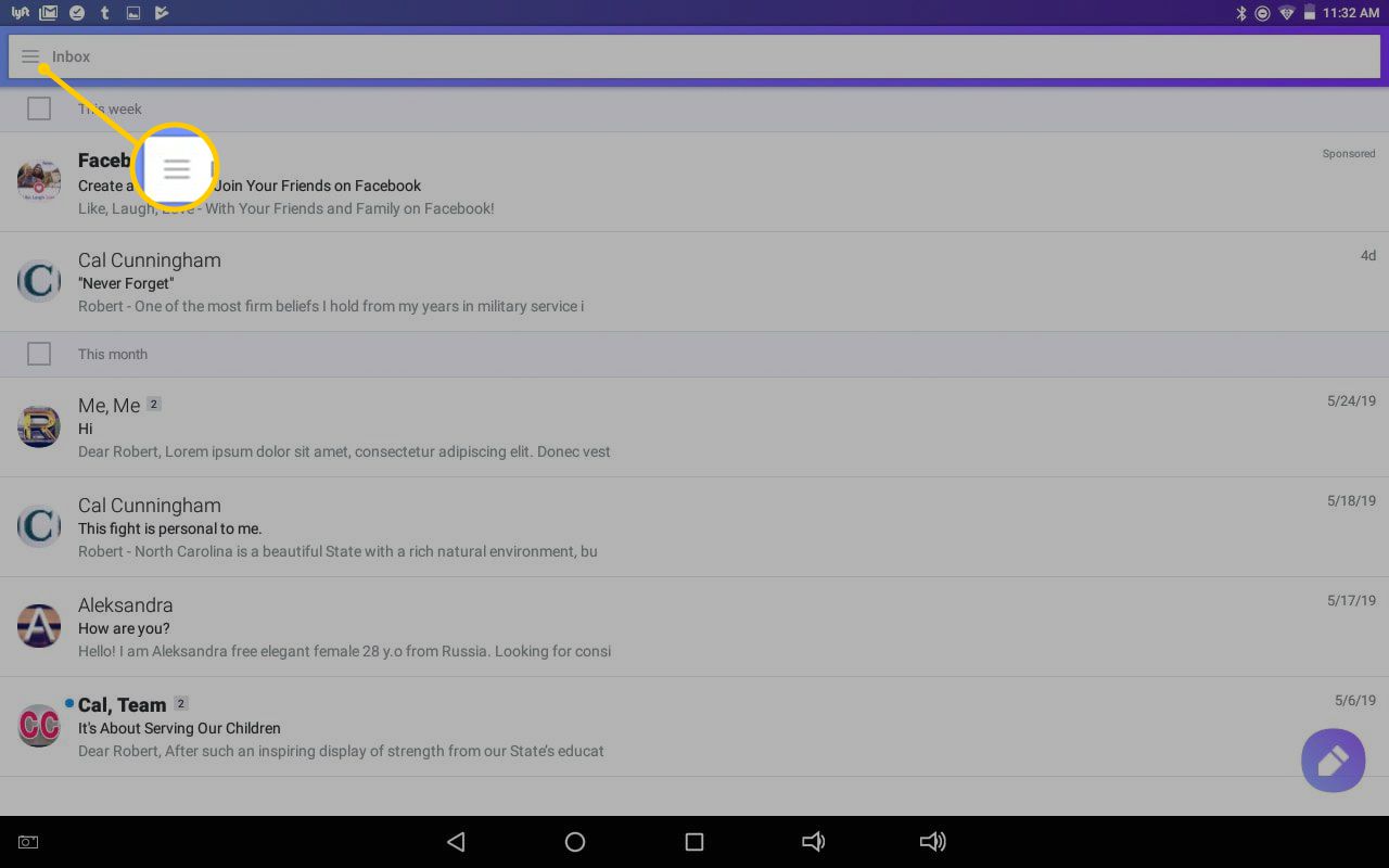 Ikona nabídky v mobilní aplikaci Yahoo Mail