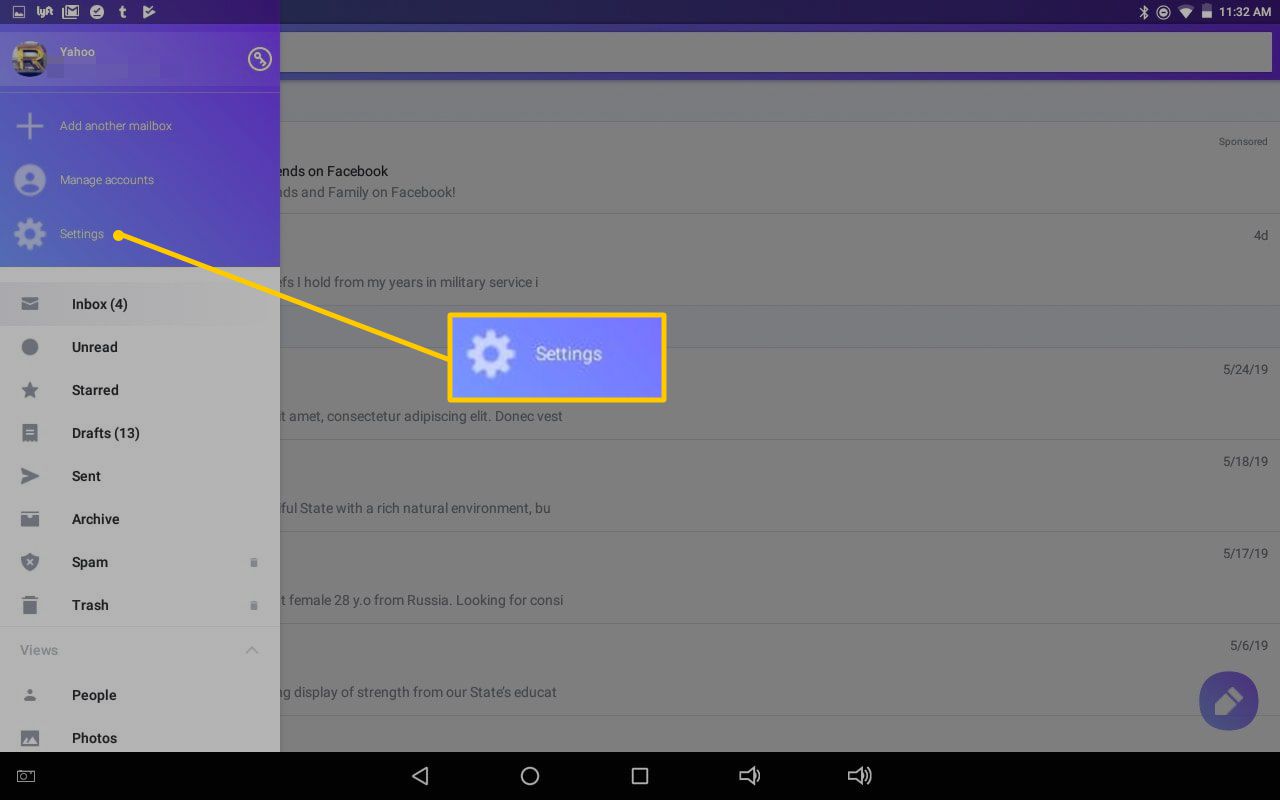 Tlačítko nastavení v mobilní aplikaci Yahoo Mail