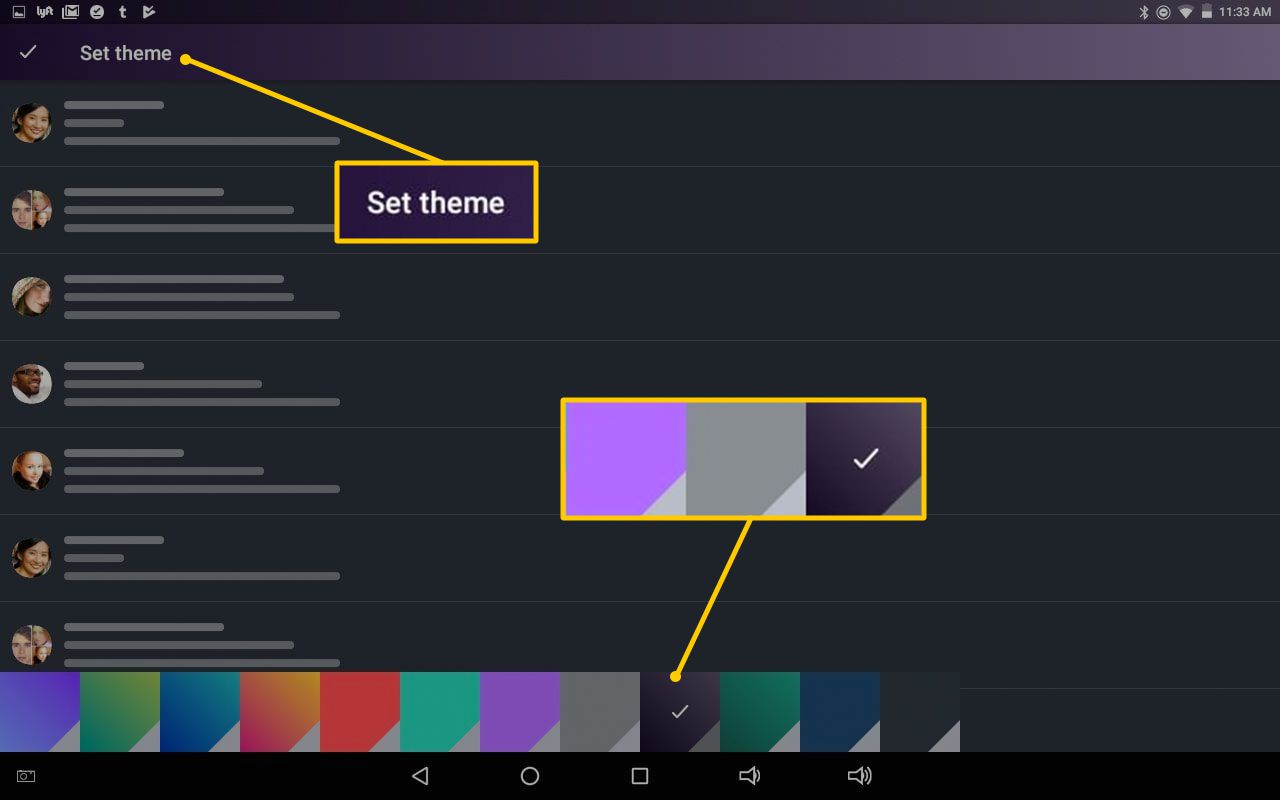 Barvy motivu a tlačítko Nastavit motiv v mobilní aplikaci Yahoo Mail