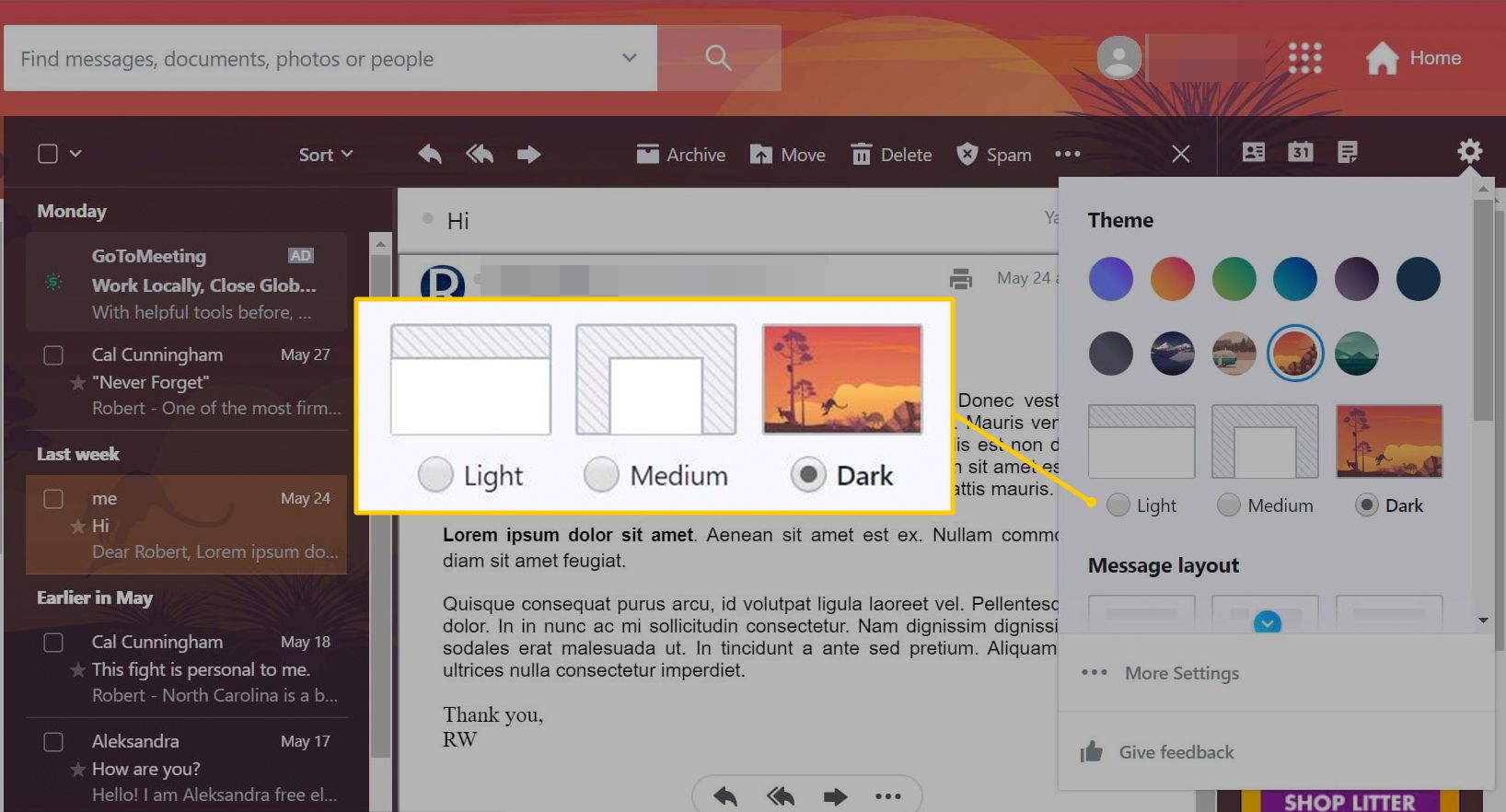 Světlé/střední/tmavé možnosti v Yahoo Mail