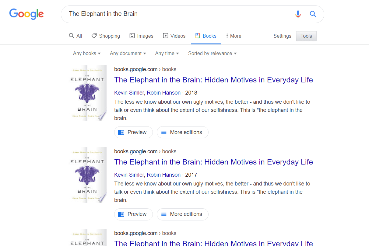 Snímek obrazovky s vyhledáváním knihy The Elephant in the Brain v Knihách Google