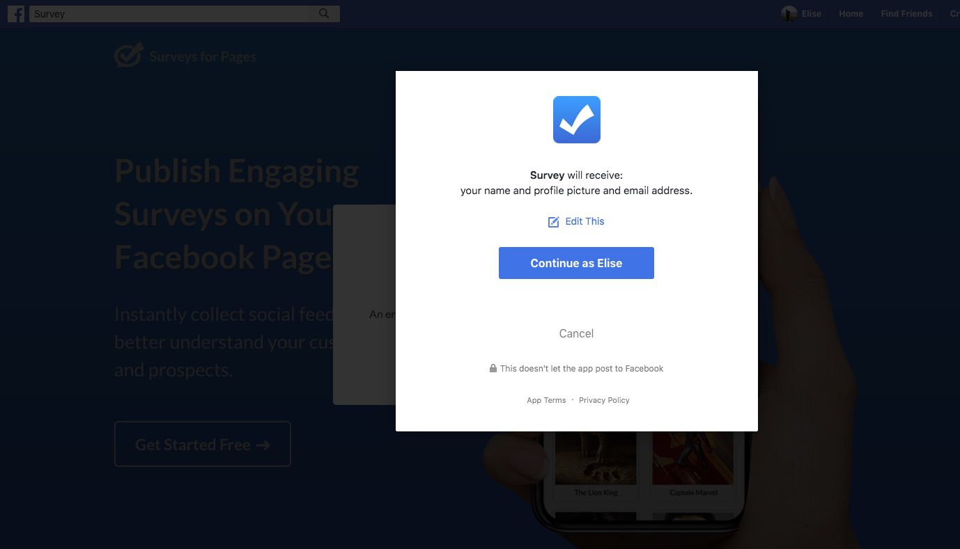Konfigurační obrazovka průzkumu Facebooku pro stránky