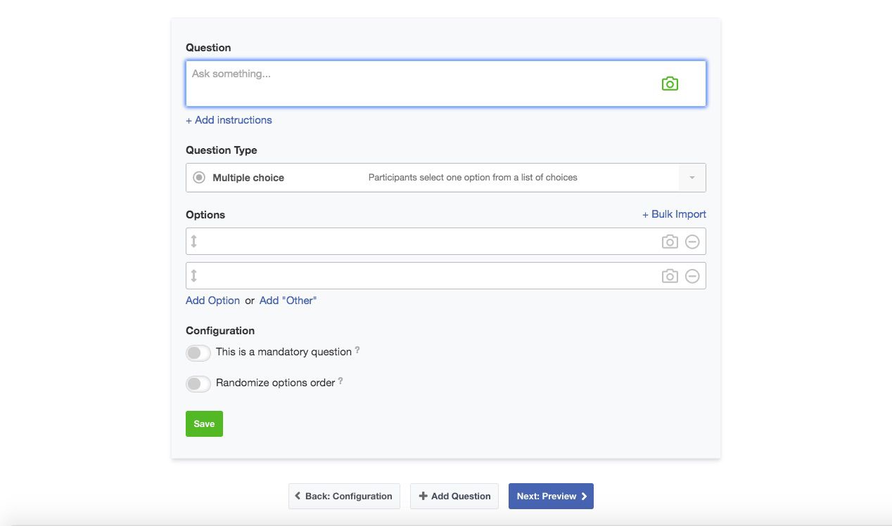 Konfigurační obrazovka průzkumu Facebooku pro stránky