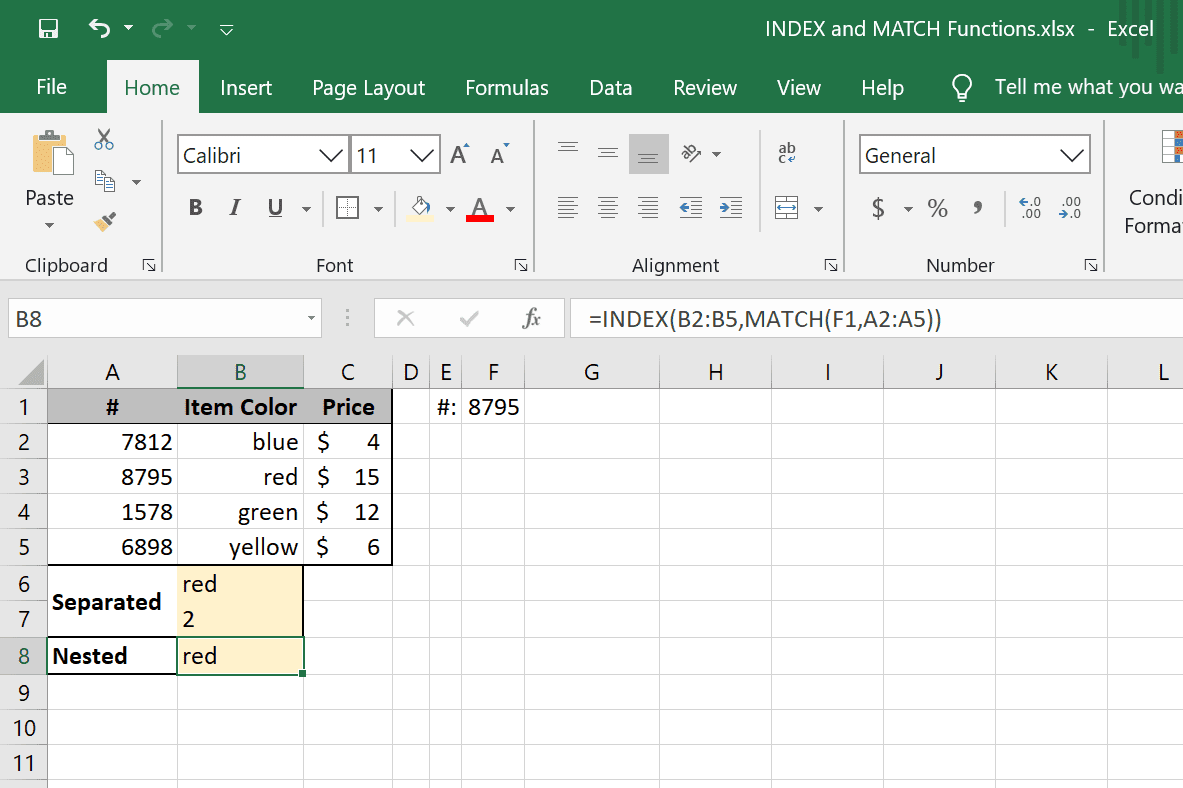 Funkce MATCH a INDEX Excel vnořené do jednoho vzorce