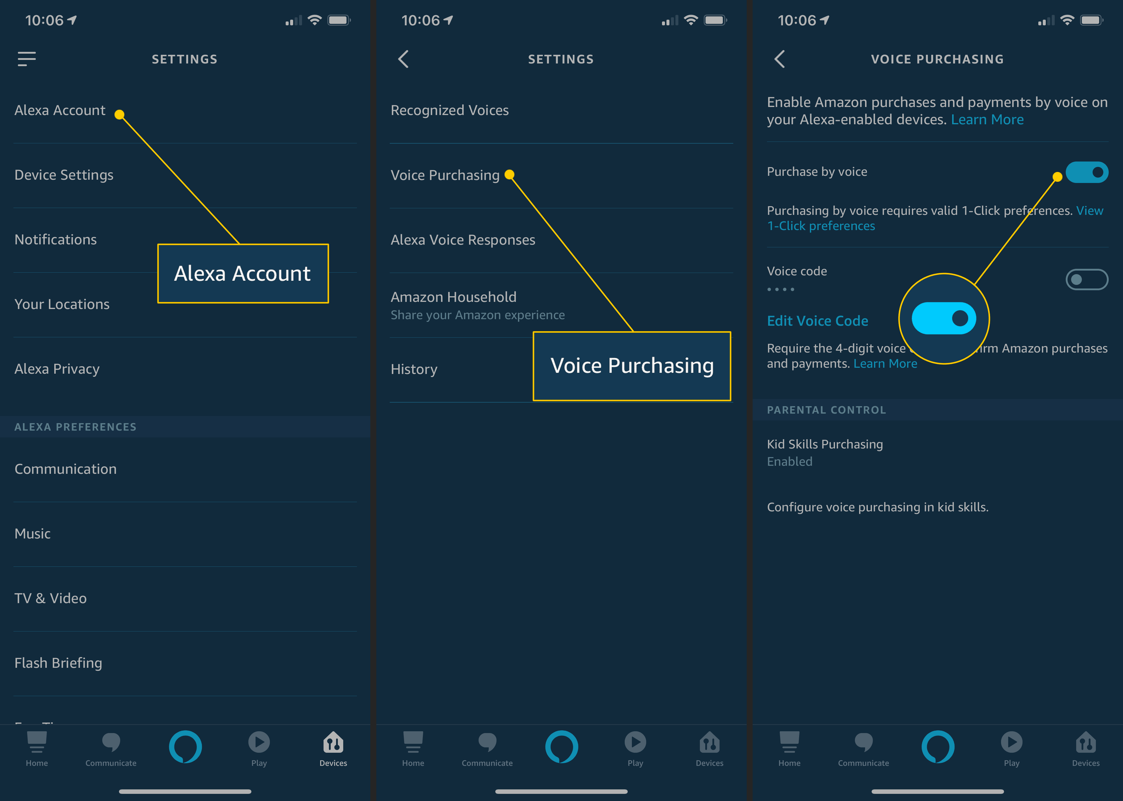 Účet Alexa, hlasové nákupy, hlasové přepínání v nastavení Alexa na iOS