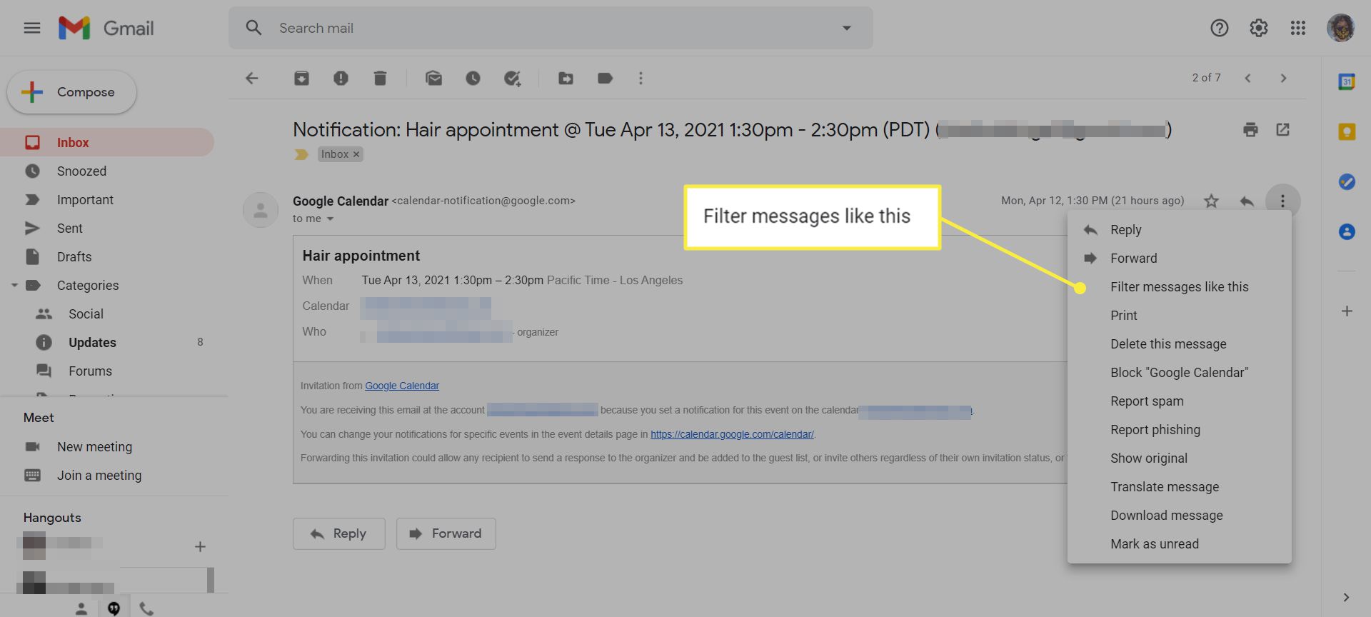 E -mail v Gmailu se zvýrazněnou možností nabídky „Filtrovat zprávy jako toto“