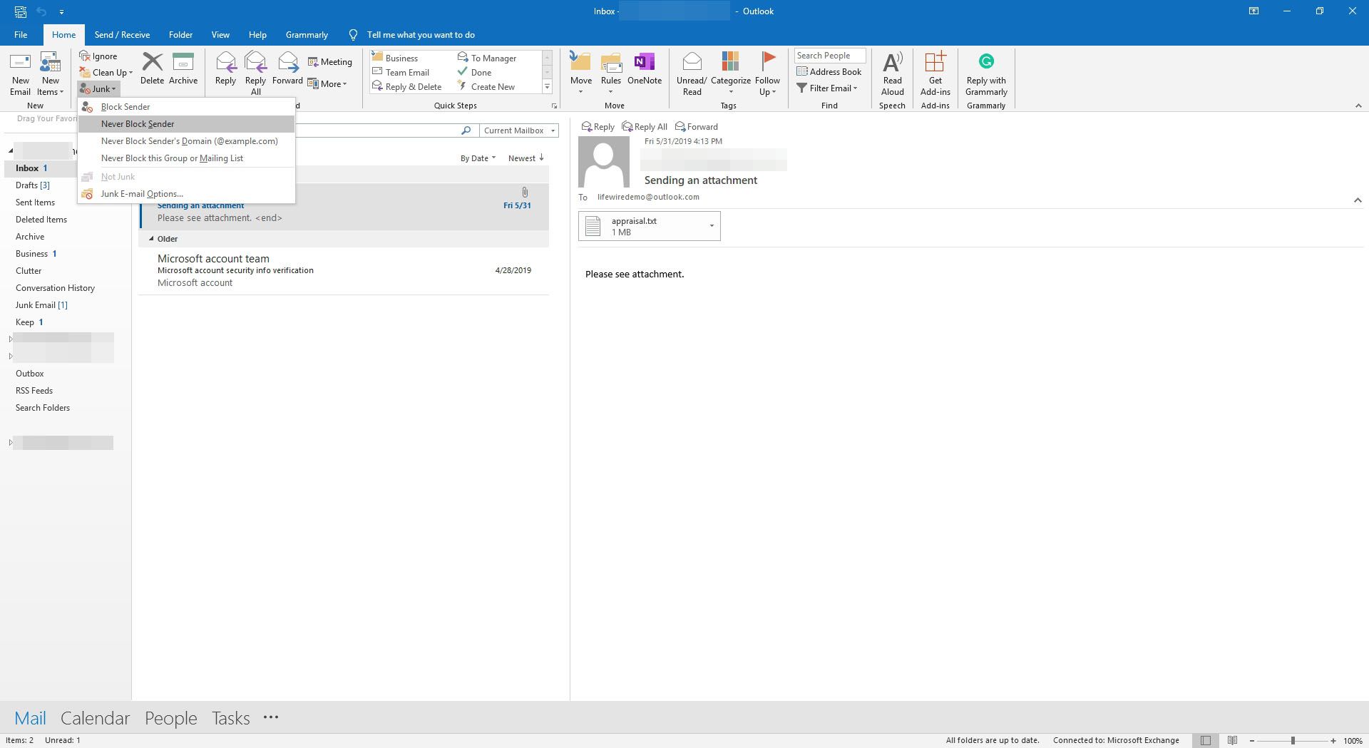 Volba nikdy neblokovat odesílatele v aplikaci Outlook.