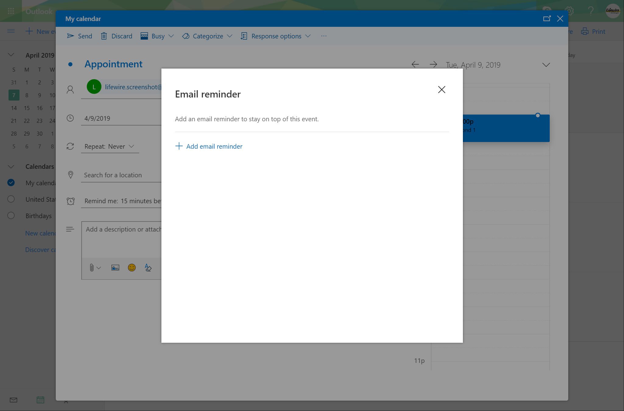 Okno Outlook.com pro připomenutí e -mailu s možností Přidat e -mailové připomenutí
