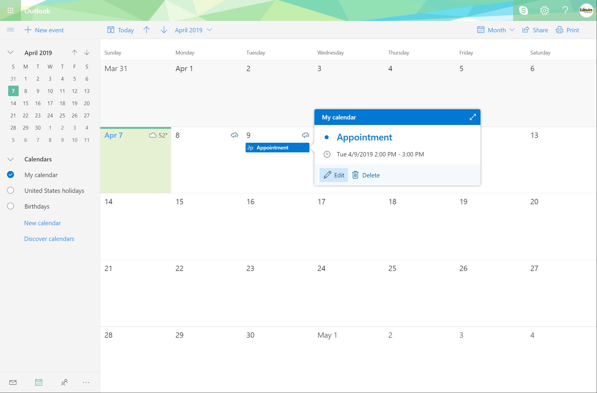 Je vybrána událost kalendáře Outlook.com