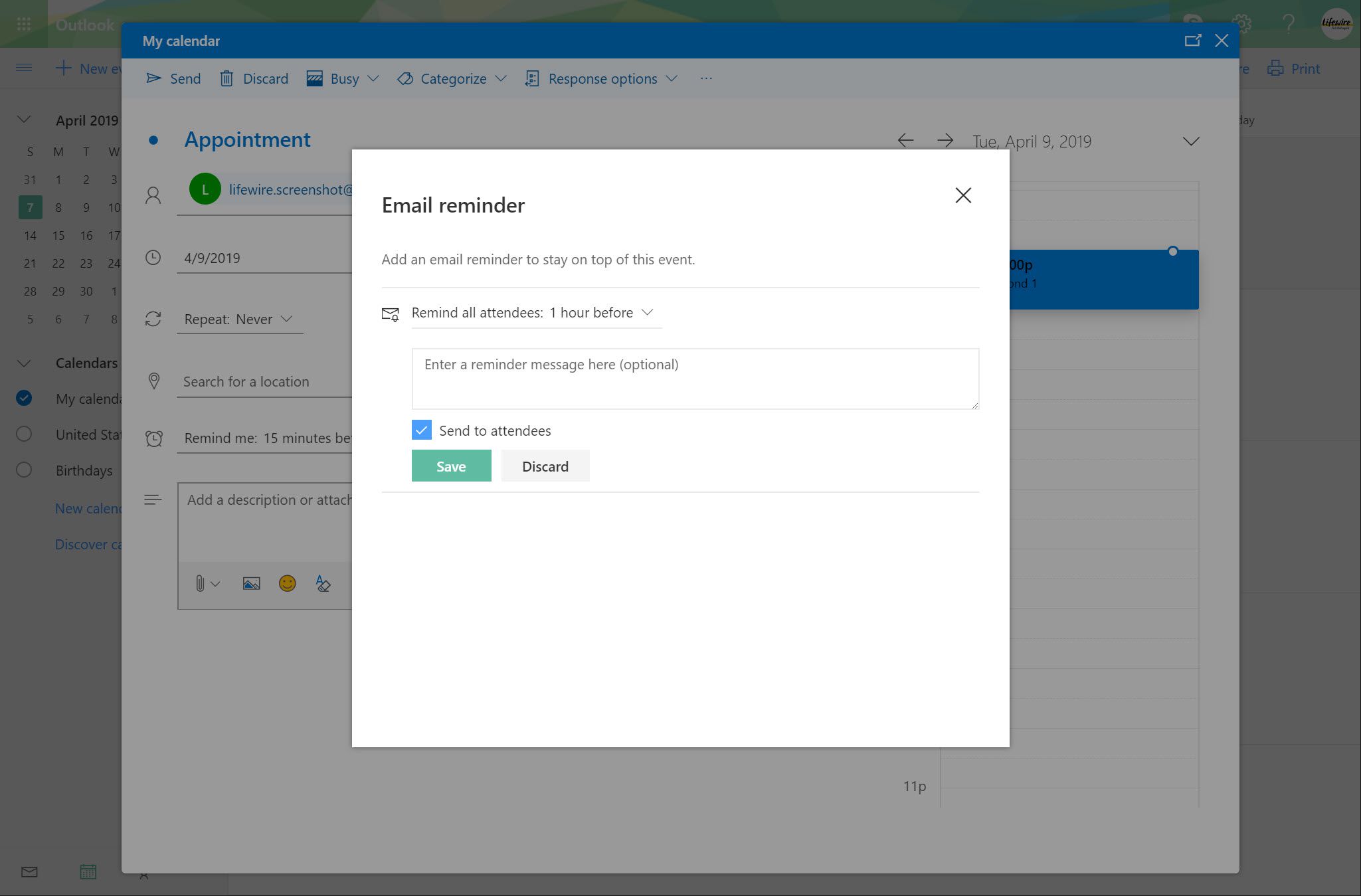 Okno připomenutí e -mailu Outlook.com se zaškrtnutým políčkem Odeslat účastníkům