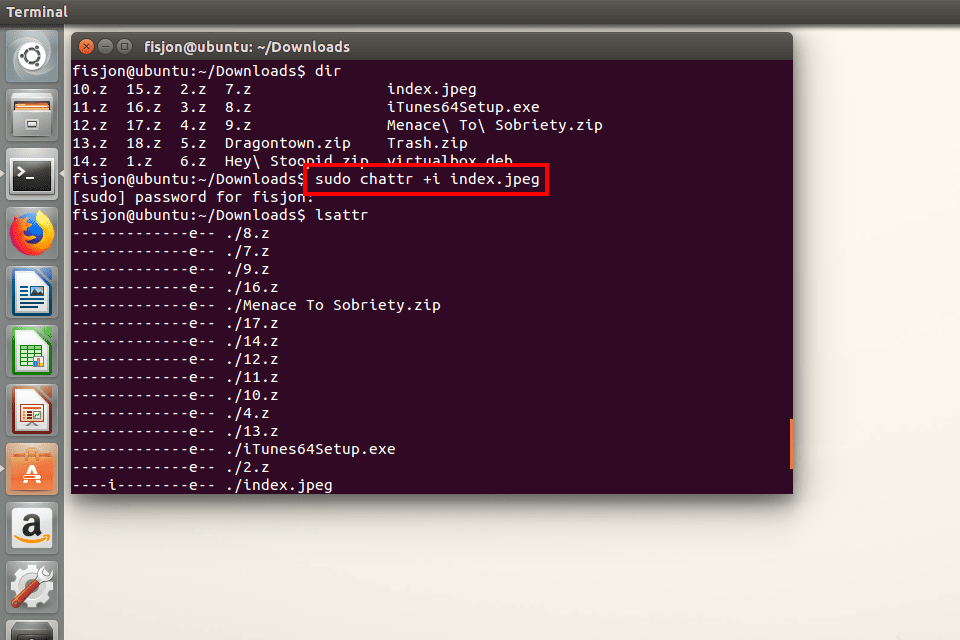 Snímek obrazovky s neměnným bitem nastaveným v souboru JPEG v Ubuntu