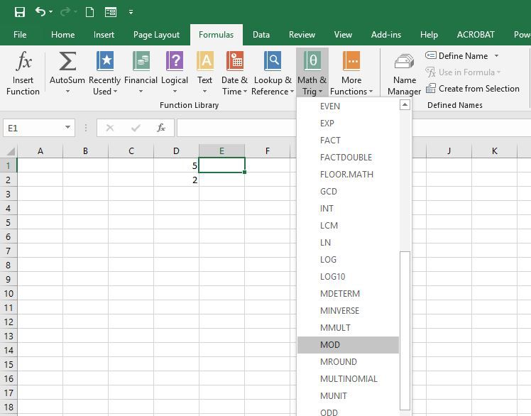 Výběr funkce MOD v aplikaci Excel.