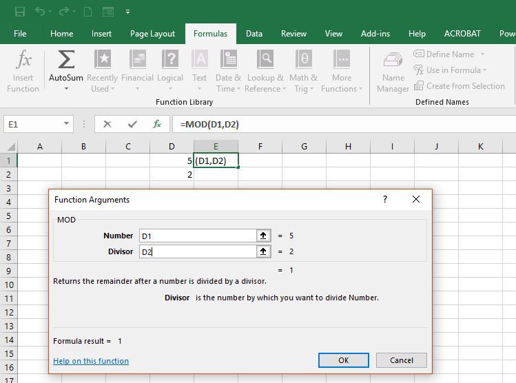 Vložení děliče do funkce Excel MOD.
