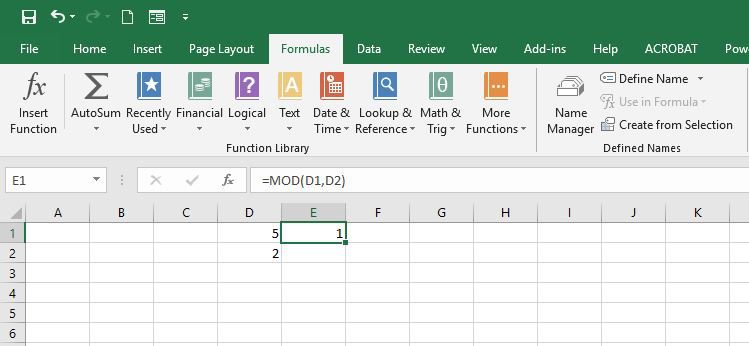 Zobrazení vzorce MOD v aplikaci Excel.