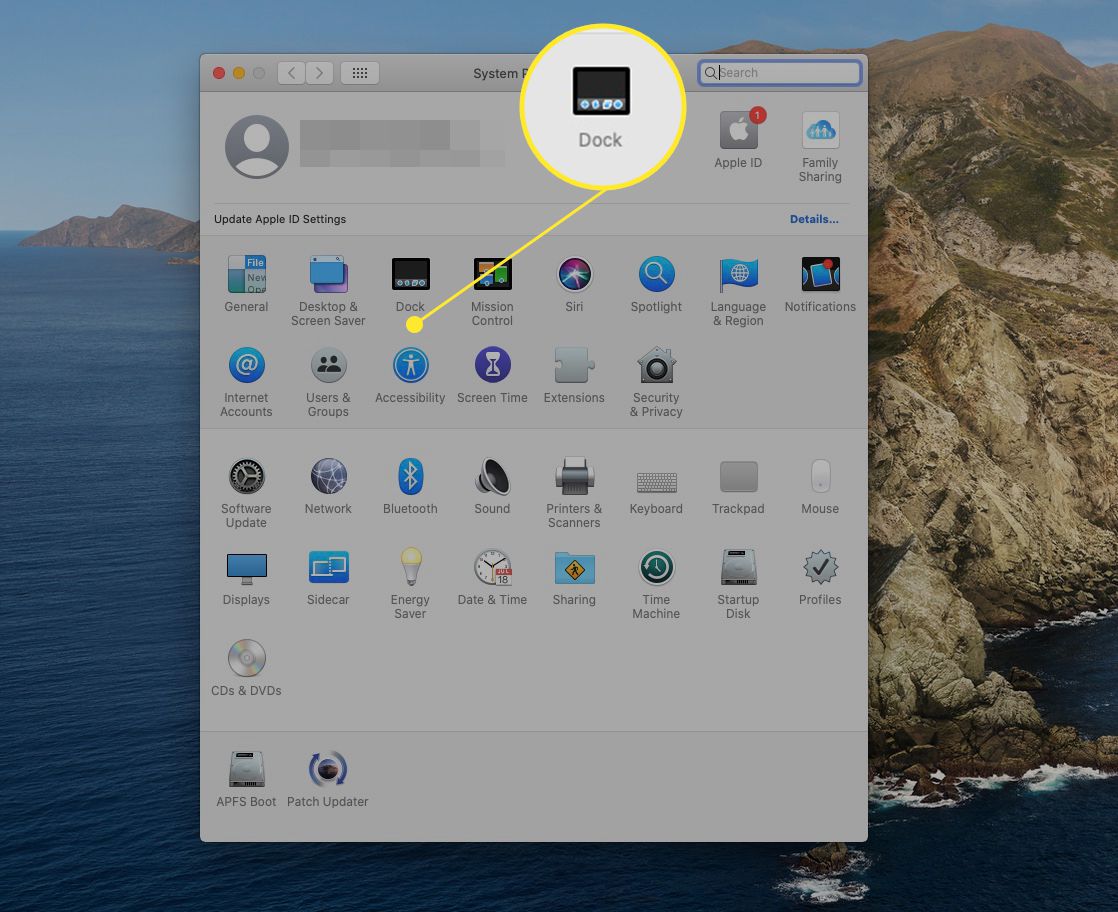 Předvolby systému Mac se zvýrazněnou ikonou Docku