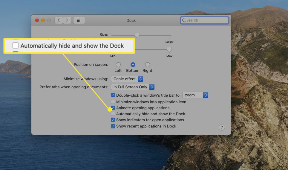 Předvolby ukotvení na Macu se zvýrazněným „Automaticky skrýt a zobrazit dok“
