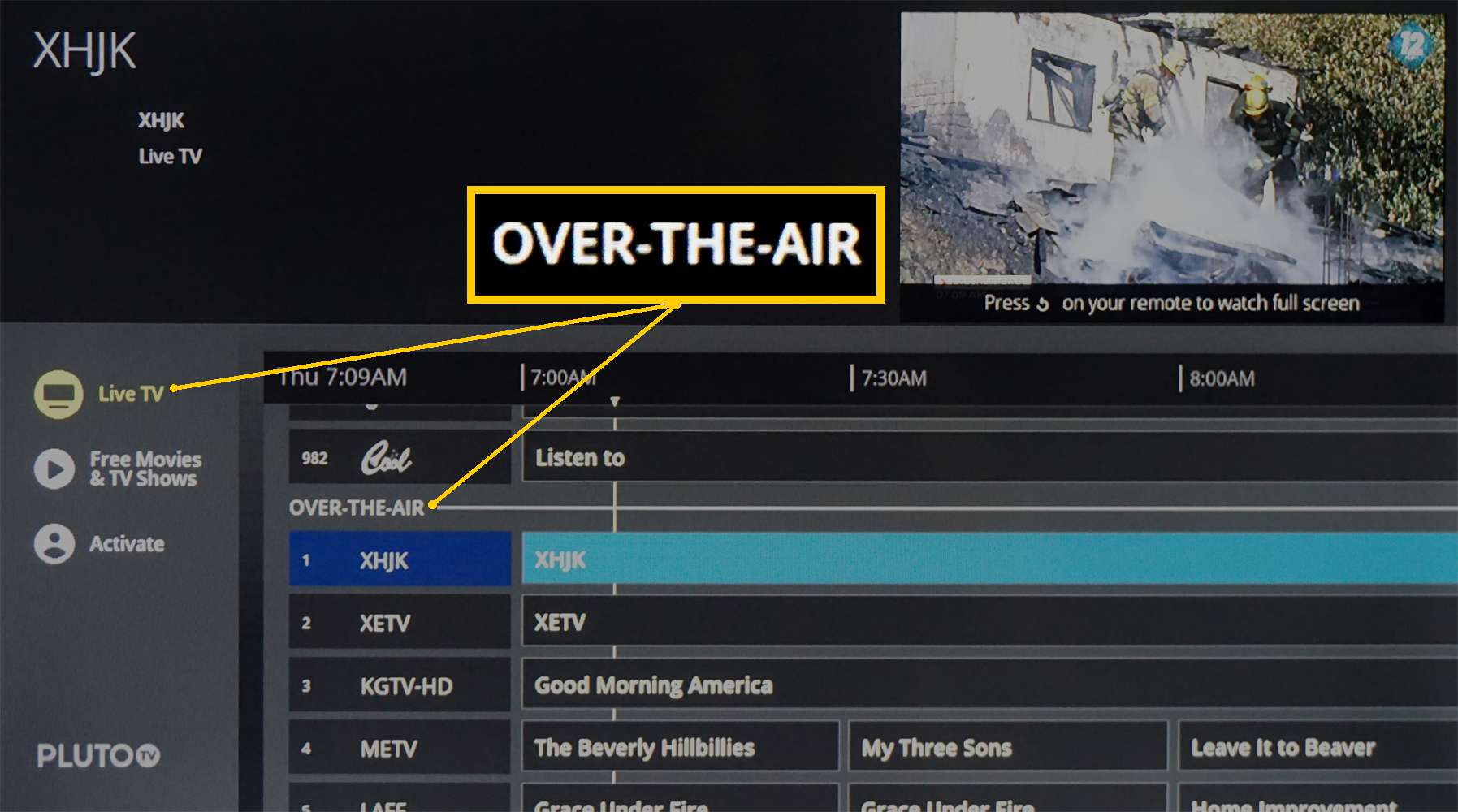 Pluto TV-Over-The-Air televizní seznam