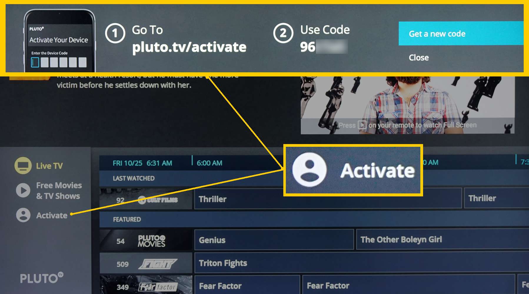 Pluto TV - Aktivujte výzvu na televizní obrazovce
