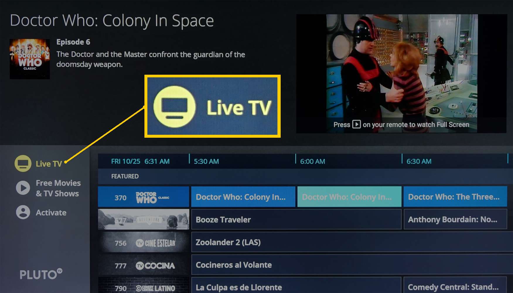 Pluto TV - stránka se záznamem živého televizního vysílání