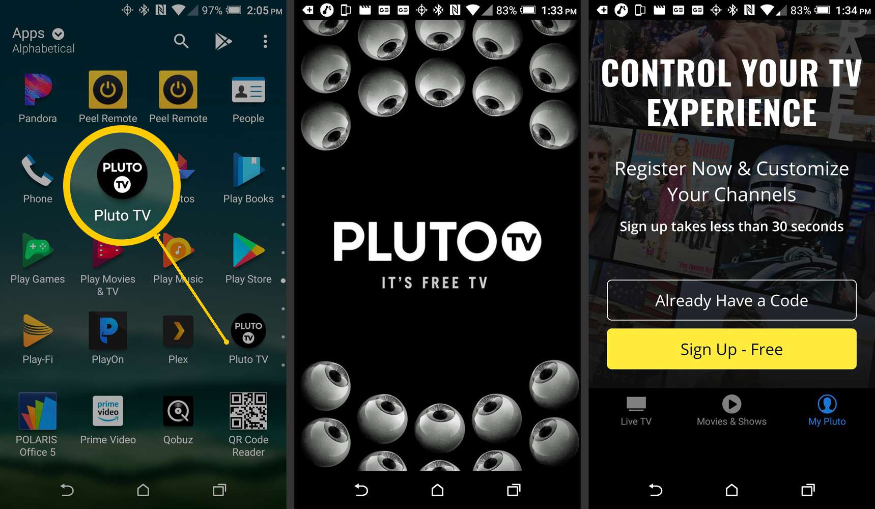 Aplikace pro chytrý telefon Pluto TV-registrace