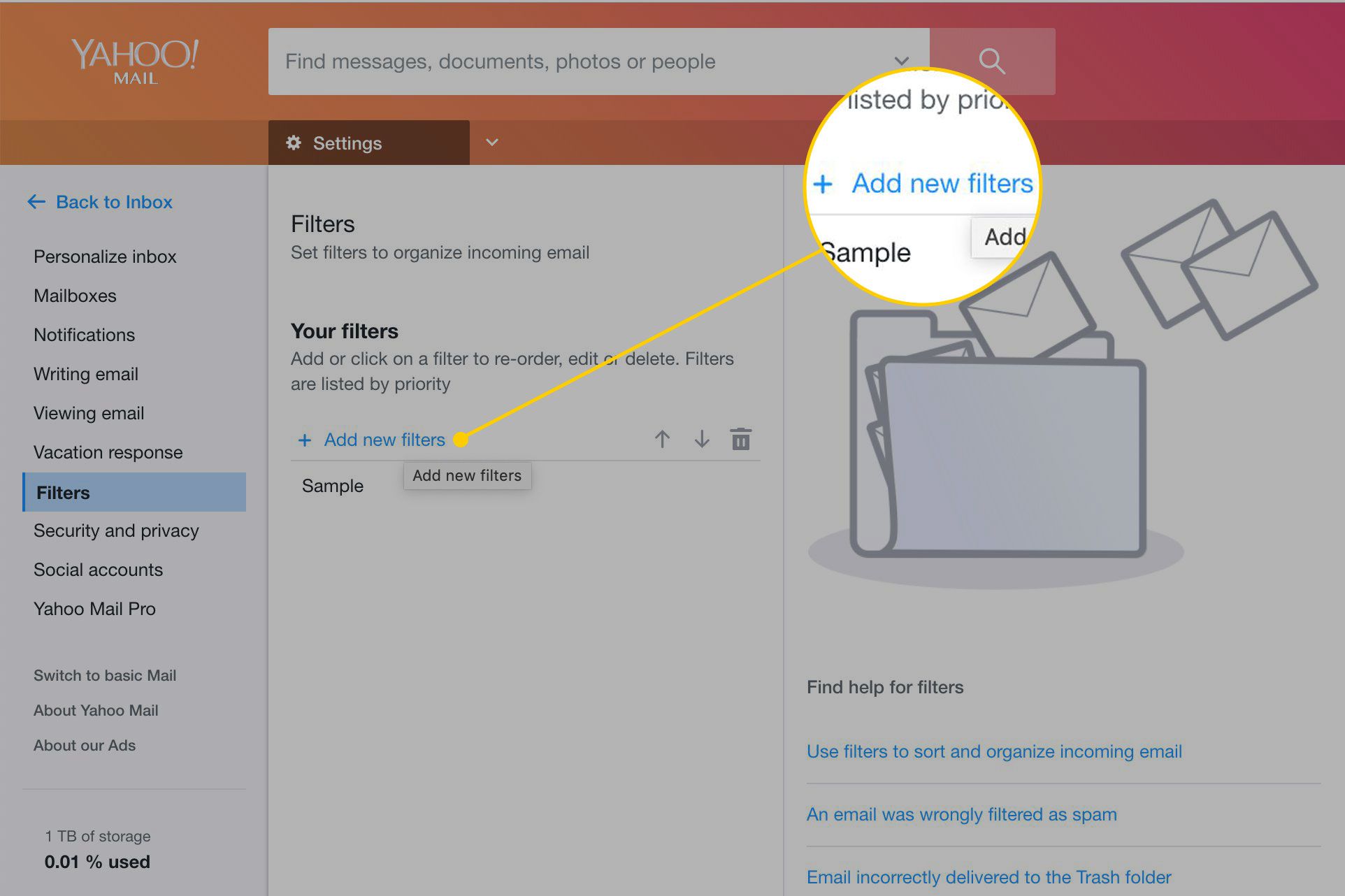 Nastavení Yahoo Mail se zvýrazněným tlačítkem „Přidat nové filtry“