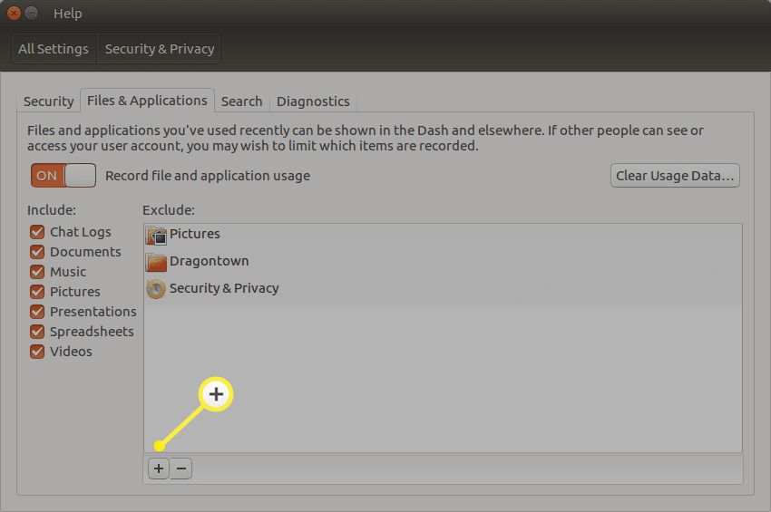 Obrazovka souborů a aplikací Ubuntu Dash se zvýrazněným znaménkem plus