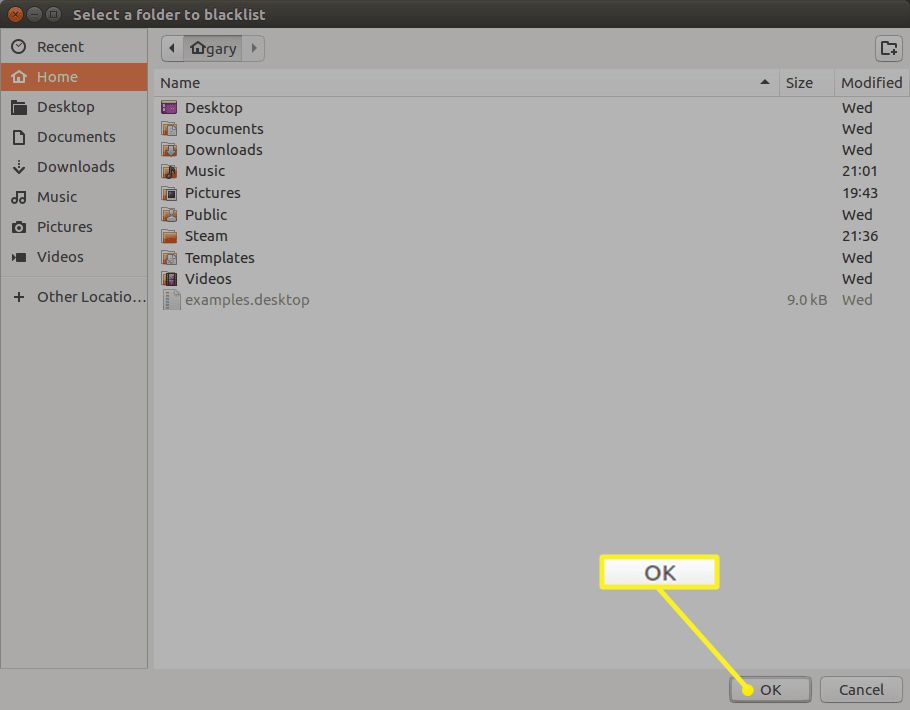 Seznam složek Ubuntu Dash se zvýrazněným OK