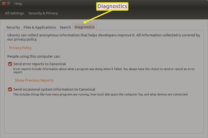 Karta Diagnostika na kartě Diagnostika v Zabezpečení a soukromí Ubuntu